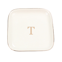 Letter T Керамическая ювелирная тарелка, лоток для хранения, органайзер для косметических украшений, квадратный, Письмо T, 110x110x15 мм