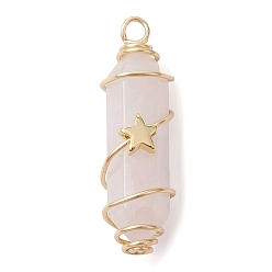 Rose Quartz Natural Rose Quartz Copper Wire Wrapped Pointed Pendants, Faceted Bullet Charms with Golden Tone Brass Star Beads, 34.5~37x10.5x12mm, Hole: 2.7mm
