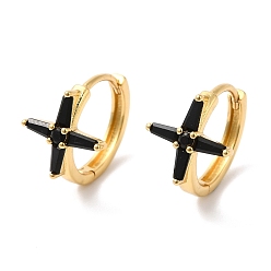 Black Cross Cubic Zirconia Cuff Earrings, Real 18K Gold Plated Brass Jewelry for Women, Cadmium Free & Lead Free, Black, 17x15x12mm, Pin: 1mm