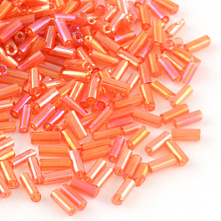 Orange Red AB Color Plated Glass Bugle Beads, Transparent Colours Rainbow, Orange Red, 4~4.5x2mm, Hole: 1mm, about 450g/bag, 14000pcs/bag