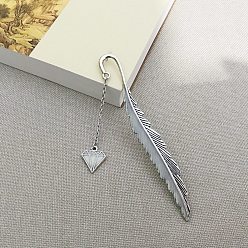 Diamond Glow in The Dark Bookmark, Luminous Alloy Feather Shape Bookmark, Pendant Bookmark, Antique Silver, Diamond Pattern, 115mm