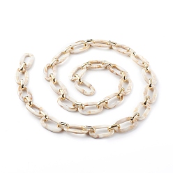 Floral White Handmade Acrylic Cable Chains, with CCB Plastic Linking Ring, Flat Oval, Floral White, 36.5x21x3.5mm, 19x12x4.5mm, about 39.37 inch(1m)/strand