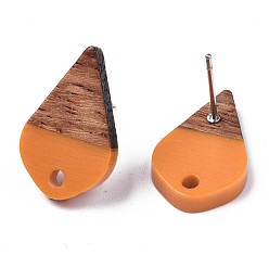 Dark Orange Opaque Resin & Walnut Wood Stud Earring Findings, with 304 Stainless Steel Pin and Hole, Two Tone, Teardrop, Dark Orange, 17.5x11mm, Hole: 1.8mm, Pin: 0.7mm
