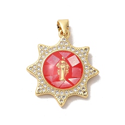 Красный Стойки обшивки латунь кубического циркония подвески, с эмалью и ракушкой, долговечный, без свинца и без кадмия, реальный 18 k позолоченный, солнце с девой марией, красные, 25x22x5 мм, отверстие : 4x5 мм