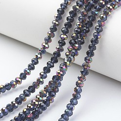 Prussian Blue Electroplate Transparent Glass Beads Strands, Half Rose Gold Plated, Faceted, Rondelle, Prussian Blue, 4x3mm, Hole: 0.4mm, about 123~127pcs/strand, 16.5~16.9 inch(42~43cm)