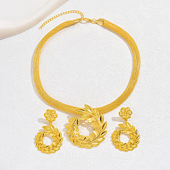 Golden Aluminum Alloy Leafy Branch Jewelry Set, Dangle Stud Earrings & Pendant Necklace with Mesh Chains, Golden, 16.14 inch(41cm), 55x32mm