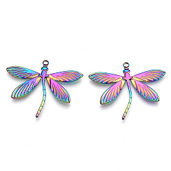 Rainbow Color Ионное покрытие (ip) 304 подвески из нержавеющей стали, стрекоза прелести, Радуга цветов, 28x35x1.5 мм, отверстие : 1.5 мм