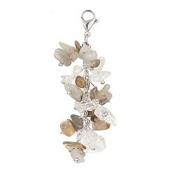 Mixed Stone Natural Quartz Crystal & Labradorite Chip Beaded Pendant Decorations, 304 Stainless Steel Lobster Claw Clasps, 66~69mm