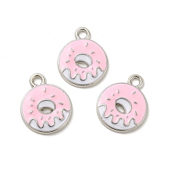 Hot Pink Alloy Enamel Pendants, Donut Charm, Platinum, Hot Pink, 19x15x2mm, Hole: 2mm