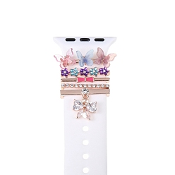 Papillon Ensemble de charmes de bracelet de montre en alliage de strass, Boucles d'anneau décoratives pour bracelet de montre, papillon, Diamètre intérieur: 2.05 cm, 5 pièces / kit