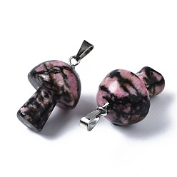 Rhodonite Natural Rhodonite Pendants, with Stainless Steel Snap On Bails, Mushroom Shaped, 24~25x16mm, Hole: 5x3mm
