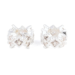 Посеребрённый Латунь микропаве прозрачный кубический цирконий европейский бисер, бусины с большим отверстием, плоские круглые с ромбами, 925 серебро покрытием, 7.5x4 мм, отверстие : 4 мм