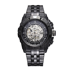 Black Alloy Watch Head Mechanical Watches, with Stainless Steel Watch Band, Gunmetal, Black, 70x22mm, Watch Head: 55x52x17.5mm, Watch Face: 34mm