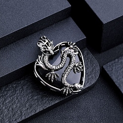 Obsidian Natural Obsidian Metal Dragon Wrapped Pendants, Heart Charms, Antique Silver, 42x32mm