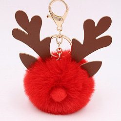 Red Christmas Deer Antler Pom-Pom Keychain with Plush Elk Charm for Women's Handbag Gift