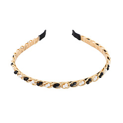Black Alloy Curb Chain Hair Bands, with Plastic Imitation Pearl & Rhinestones, Hair Accessories for Women Girls, Black, 120x140mm