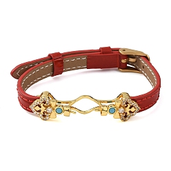 (123L) Белый крем непрозрачный блеск Регулируемый браслет из коровьей кожи для изготовления бусин, с фурнитурой в виде цветов из латуни, инкрустированной микрофиброй и синтетическим бирюзовым камнем, и застежками из нержавеющей стали., золотые, огнеупорный кирпич, пригодный для 304 мм бусы, 11 дюйм (9.61 см)