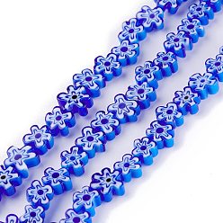 Medium Blue Handmade Millefiori Glass Bead Strands, Flower, Medium Blue, 6.4~9x3.2mm, Hole: 1mm, about 56pcs/Strand, 15.75''(40cm)