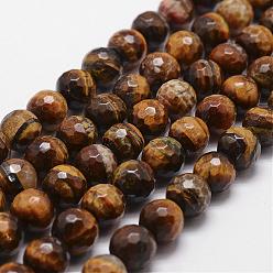 Tiger Eye Natural Tiger Eye Beads Strands, Grade AB, Faceted, Round, 6mm, Hole: 1mm, about 61pcs/strand, 14.9 inch~15.1 inch