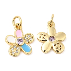 Real 18K Gold Plated Brass with Cubic Zirconia Enamel Pendants, Long-Lasting Plated, Lead Free & Cadmium Free, Flower Charm, Real 18K Gold Plated, 14x12x2.5mm