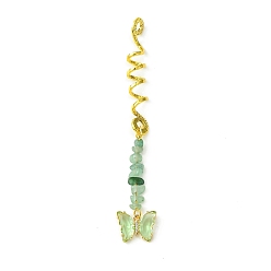 Green Aventurine Alloy Dreadlocks Beads, Butterfly Glass and Natural Green Aventurine Chips Braiding Hair Pendants Decoration Clips, for Hair Styling, 113mm, Hole: 4.5mm, Inner Diameter: 8mm