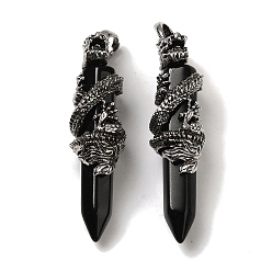 Obsidian Natural Obsidian Pointed Big Pendants, Faceted Bullet Charms with Rack Plating Antique Silver Plated Alloy Gragon, Cadmium Free & Lead Free, 63~64x19~20x15.5mm, Hole: 7.5x6.5mm