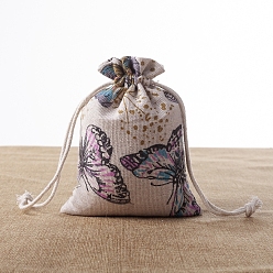 Butterfly Rectangle Burlap Printed Packing Pouches, Drawstring Bags, for Presents, Party Favor Gift Bags, Butterfly, 13x9cm