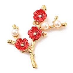 Red Zinc Alloy Cabochons, with Plastic Imitation Pearls and Rhinestones, Flower Branch, Red, 53x48.5x7.6mm