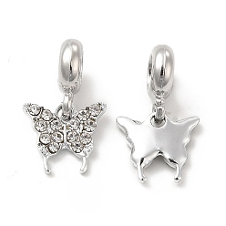 Platinum Rack Plating Alloy Crystal Rhinestone European Dangle Charms, Large Hole Charms, Butterfly, Platinum, 21.5mm, Hole: 4.5mm, Butterfly: 12x13x3mm