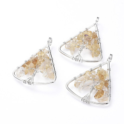 Citrine Long-Lasting Plated Brass Pendants, Wire Wrapped Pendants, with Natural Citrine Chips, Triangle with Tree, Platinum, 39~40x30~31x4~8mm, Hole: 4.5mm