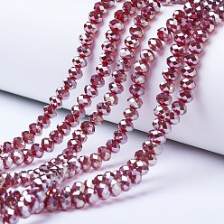 Dark Red Electroplate Glass Beads Strands, Platinum Plated, Faceted, Rondelle, Dark Red, 3.5x3mm, Hole: 0.4mm, about 123~127pcs/strand, 13.7~14.1 inch(35~36cm)