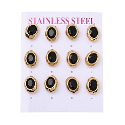 Black 6 Pairs 304 Stainless Steel Pave Cubic Zirconia Stud Earrings, Oval, PVD Vacuum Plating, Golden, Black, 12.5x10mm