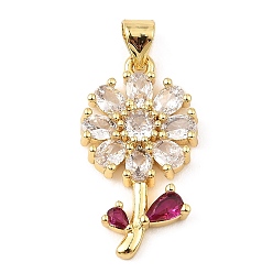 Deep Pink Real 18K Gold Rack Plating Brass Micro Pave Cubic Zirconia Pendants, Long-Lasting Plated, Cadmium Free & Lead Free, Flower Charms, Deep Pink, 24.5x13.5x3.5mm, Hole: 3.5x4.5mm