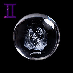 Gemini Inner Carving Constellation Glass Crystal Ball Diaplay Decoration, Paperweight, Fengshui Home Decor, Gemini, 80mm
