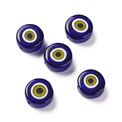 Midnight Blue Handmade Evil Eye Lampwork Beads, Flat Round, Midnight Blue, 11.5~12x5.5mm, Hole: 1~1.2mm
