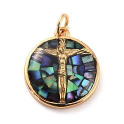 Colorful Natural Shell Pendants, with Golden Brass Findings, Flat Round with Jesus, Colorful, 18x16x3.5mm, 3.5mm Inner Diameter.