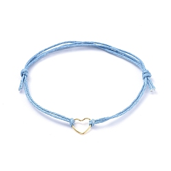 Light Sky Blue Adjustable Waxed Cotton Cord Bracelets, with 304 Stainless Steel Heart Jump Ring, Light Sky Blue, 1-5/8 inch~3-1/2 inch(4~9cm)