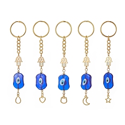 Mixed Shapes Evil Eye 201 Stainless Steel Hamsa Hand/Hand of Miriam Keychains, with Zinc Alloy Pendants, Teardrop/Star/Moon/Heart/Cat, Mixed Shapes, 12.2~12.6cm