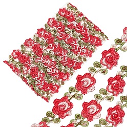 Red Polyester Ribbon, Floral Pattern, Flat, Garment Accessories, Red, 3/4 inch(18x1.5mm)