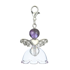Amethyst Natural Amethyst Pendant Decorations, with Glass Beads and Alloy Lobster Claw Clasps, Angel, 45mm