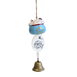 Deep Sky Blue Fortune Lucky Cat Porcelain Wind Chines, Outdoor, Home Hanging Decorations with Iron Bell and Sunflower Pattern Charms, Deep Sky Blue, 280~310mm