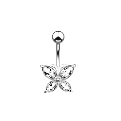 Stainless Steel Color Piercing Jewelry, Brass Cubic Zirconia Navel Ring, Belly Rings, with 304 Stainless Steel Bar, Butterfly, Stainless Steel Color, Pin: 1.6mm, Head: 5mm