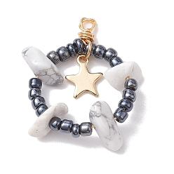 Howlite Natural Howlite Chips & Glass Seed Pendants, with 304 Stainless Steel Loops, Ring with Star Charms, 28~30x22~25x6~8mm, Hole: 1.5mm