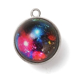 Cerise Galaxy Theme Luminous Glass Ball Pendants, Glow in the Dark, with Platinum Tone Alloy Edge, Cerise, 25x21.5x20~21mm, Hole: 2mm