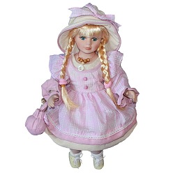 Pearl Pink Porcelain Doll Display Ornaments, Lady Women with Hat & Cloth Dress, for Home Desk & Doll House Decoration, Pearl Pink, 120x140x340mm