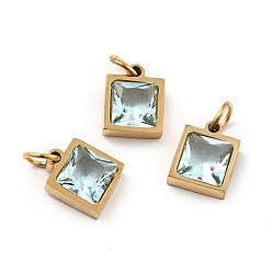 Light Cyan Vacuum Plating 304 Stainless Steel Pendants, with Cubic Zirconia and Jump Rings, Single Stone Charms, Square, Golden, Light Cyan, 9.5x8x3.5mm, Hole: 3.4mm