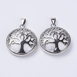 Howlite Natural Howlite Pendants, with Platinum Plated Brass Findings, Flat Round with Tree of Life, 31x27x8mm, Hole: 3.5x7mm
