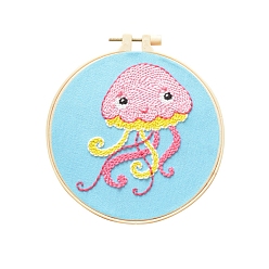 Jellyfish Animal Theme DIY Display Decoration Punch Embroidery Beginner Kit, Including Punch Pen, Needles & Yarn, Cotton Fabric, Threader, Plastic Embroidery Hoop, Instruction Sheet, Jellyfish, 155x155mm