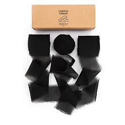 Black Polyester Chiffon Ribbon, Raw Edge Ribbon for DIY Jewelry Making, Gift Packaging, Black, 1-1/2 inch(38mm), about 7.11 Yards(6.5m)/Roll