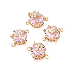 Pink Подвески-коннекторы из латуни с микропаве из прозрачного кубического циркония и стекла, плоские круглые звенья с цветочным узором, золотые, розовые, 14~15x19.5x11.5~12.5 мм, отверстие : 1.4~1.5 мм